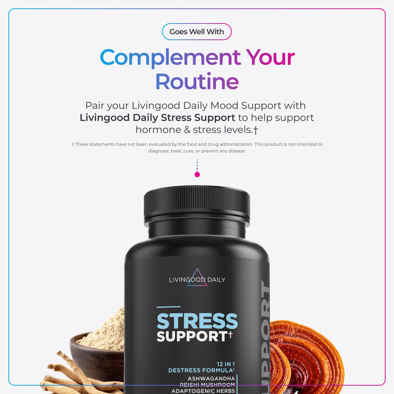 Livingood Daily 14-in-1 Mood Support Supplement, 60 Capsules | Calming, Focus & Emotional Wellness, L Theanine, Lemon Balm, GABA, Saffron, 5-HTP, Vitamin B12, Non GMO, Vegan, Made in USA