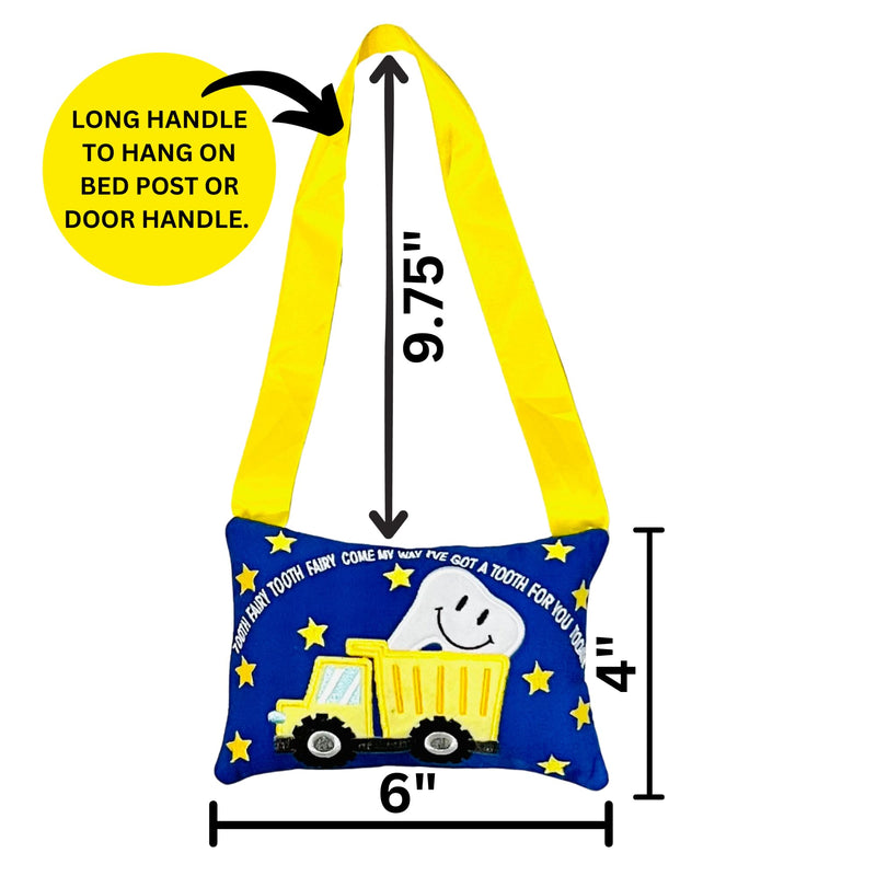 [Australia] - Tooth Fairy Pillow w/ Fun Dump Truck Design - Tooth Fairy Tooth Holder w/ Handle -Large Pocket, Easy Hang Tooth Fairy Accessories for boys - Perfect Tooth Fairy Gift with Cute Saying - 4 x 6 inches 