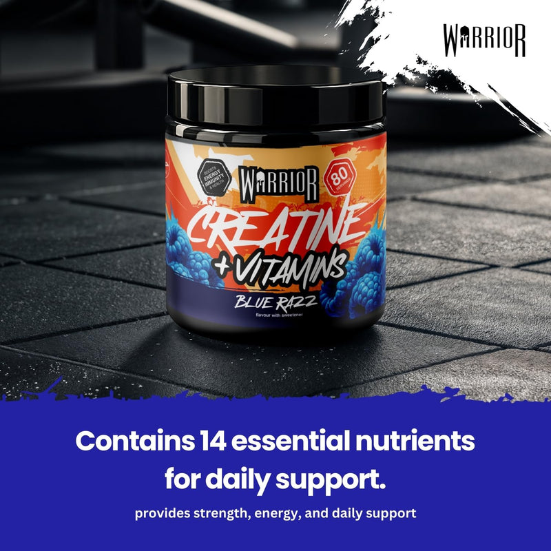Warrior Creatine Monohydrate 360g (80 Servings) – Creatine Powder + Multivitamin with Magnesium & Vitamin D – All-in-One Gym & Sports Performance Formula for Strength, Muscle & Energy – Blue Raspberry Blue Razz