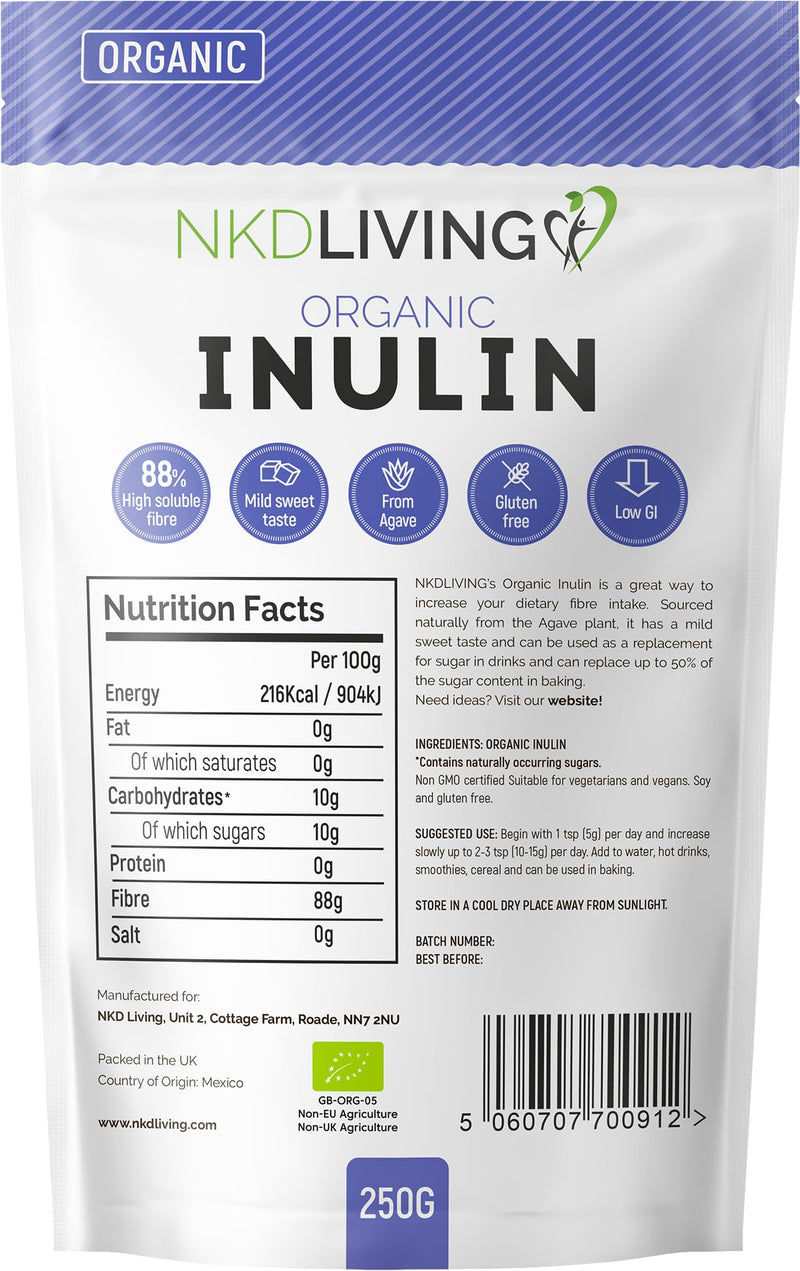 NKD Living Organic Inulin High Grade Prebiotic Fibre Powder (250g) - Fibre Prebiotic Supplement