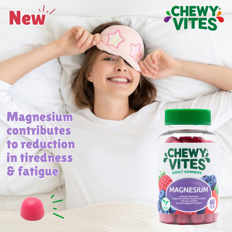 Chewy Vites Adult Gummies Magnesium Citrate 736mg Offering 82.5mg of Elemental Magnesium, 60 Vitamin Gummies, 2 Months Supply, Real Fruit Juice, Vegan, Berries Flavour
