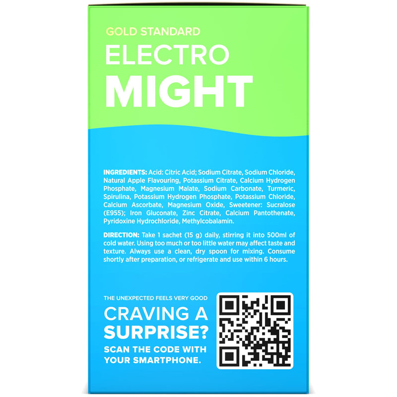 Wellgard Electromight Intense Electrolyte Powder Sachets, High Strength Electrolytes Sugar Free + Iron for Energy, 1,957mg Sodium, Magnesium, Potassium, Apple Flavour Rehydration Drink Mix, 20 Sachets