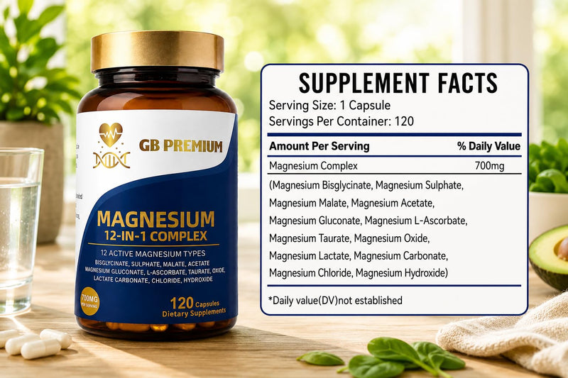 Magnesium 12-in-1 Complex, 700mg per Serving, with Bisglycinate, Malate, Taurate & Oxide, 120 Capsules