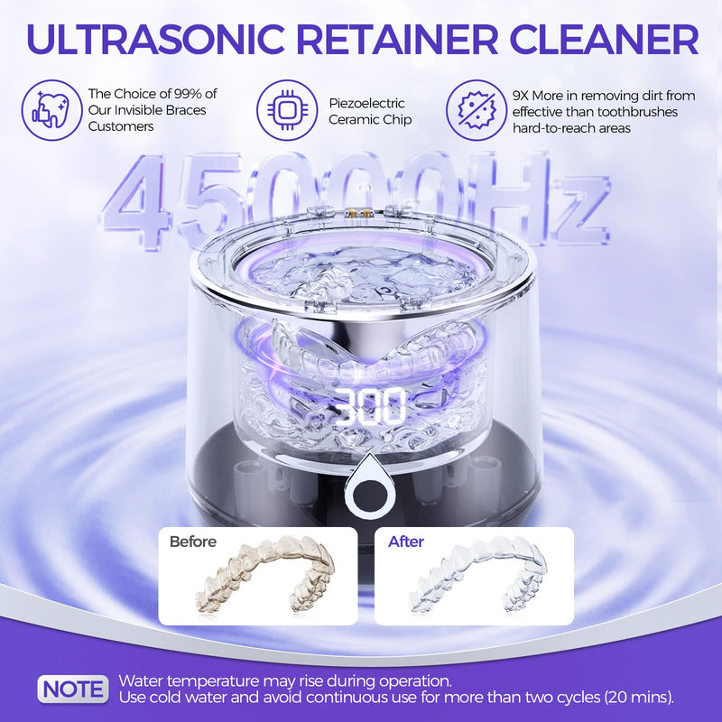 [Australia] - Ultrasonic Retainer Cleaner, 45kHz Denture Cleaner Machine, 5min and 10min Modes, 200ml Dental Cleaning Pod, MouthGuard Cleaner for Aligner Jewelry EPA Est. No.104222-CHN-1 