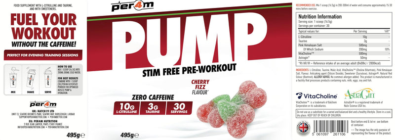 Per4m Pump Stim Free Pre Workout & Glycersize™ Powder | 10g L-Citrulline, 3g Taurine & 3000mg Glycersize for Pump, Hydration & Muscle Fullness | 30 Servings, 495g + 90g (585g, Cherry Fizz) 585g