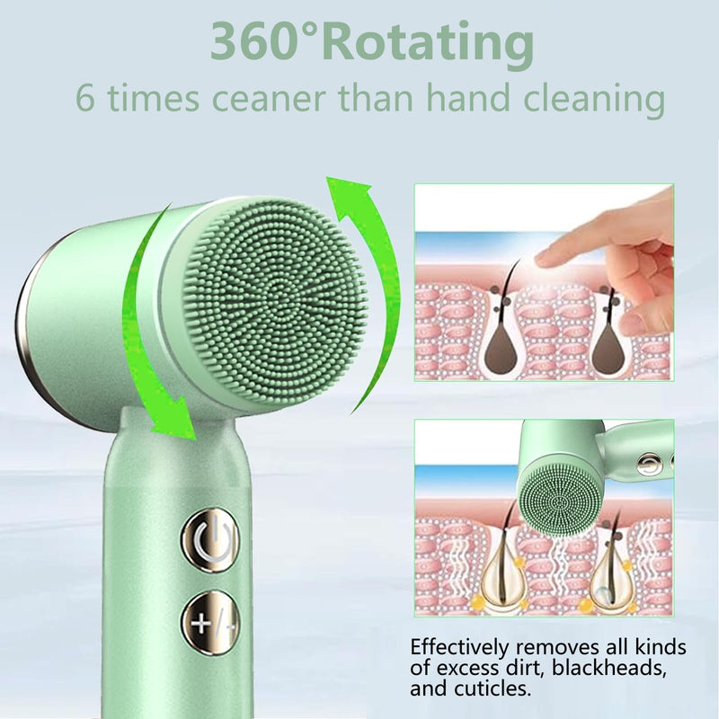 [Australia] - Facial Cleansing Brush, 6 in 1 Electric Face Scrubber with 6 Brush Heads and 3 Spin Speeds for Deep Cleansing, Waterproof Rechargeable Face Brushes for Dry Oily Sensitive Skin (Green) 