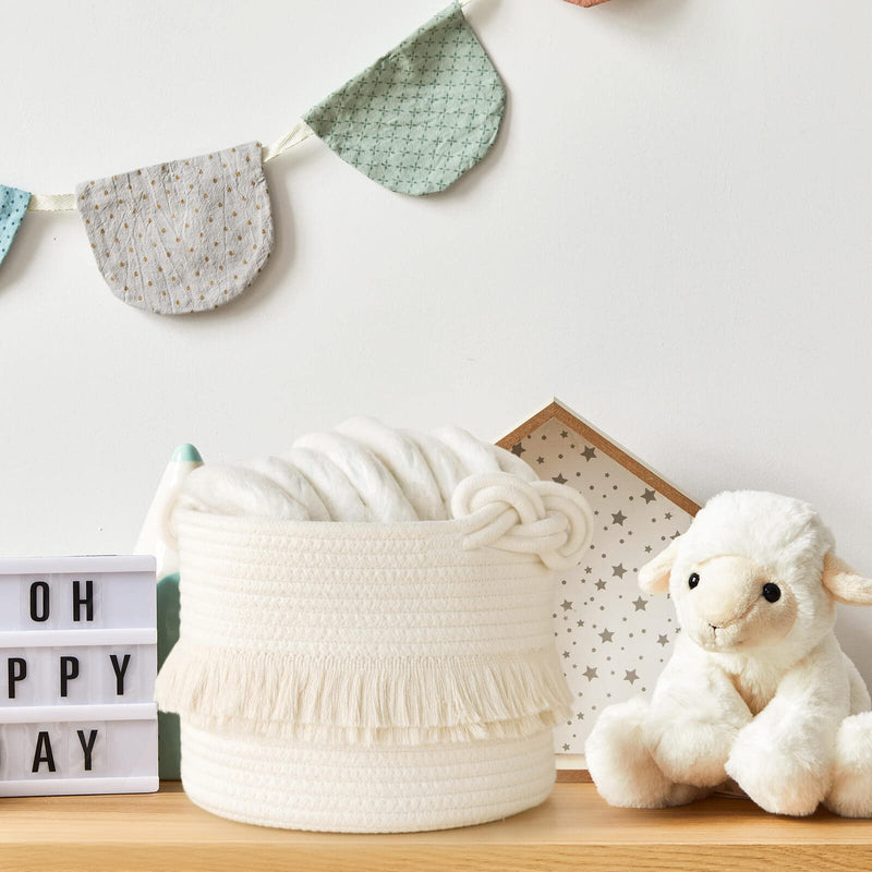 [Australia] - CherryNow Small Woven Storage Baskets Cotton Rope Decorative Hamper for Diaper, Blankets, Magazine and Keys, Cute Tassel Nursery Decor - Home Storage Container – 9.5'' x 7'' Off-white Small (Pack of 1) 