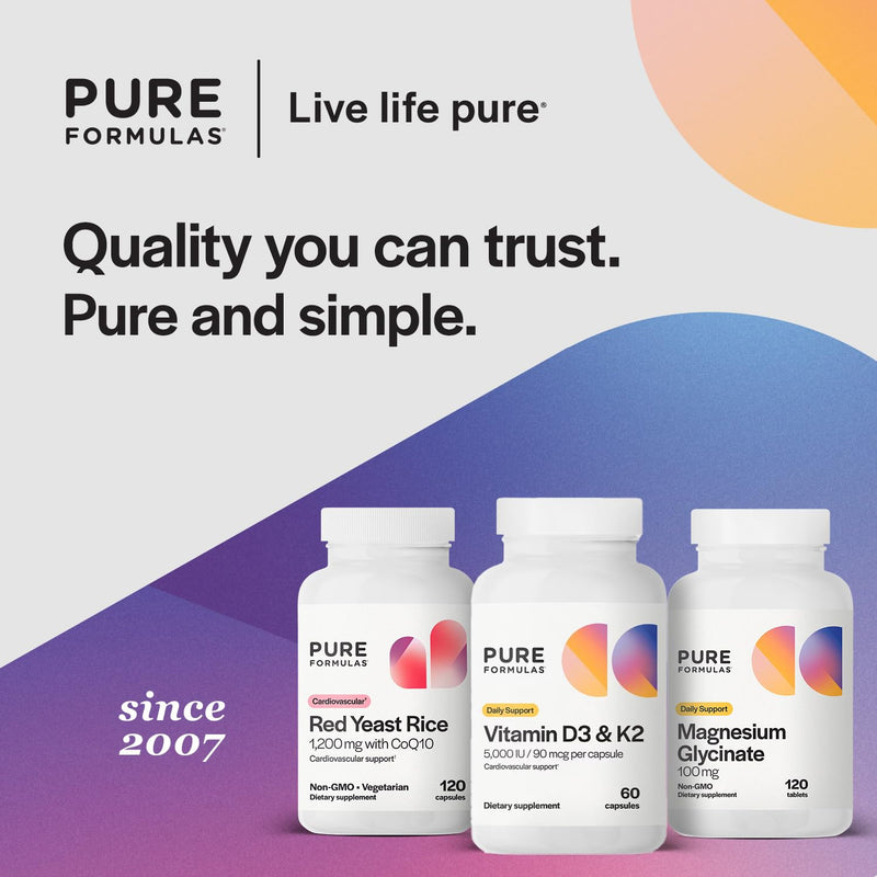 PureFormulas Vitamin D3 K2 Supplement, 5000 Iu Vitamin D3 and 90 mcg Vitamin K2, Supports Bone Strength, Calcium Balance, Heart Health, Gluten-Free & Non-GMO, 60 Capsules for Optimal Wellness