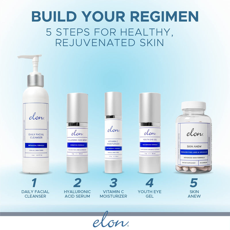 Elon Hyaluronic Acid Serum for Face & Neck - Revitalizing Daily Facial Serum Vitamin C and Hyaluronic Acid, E & Jojoba Oil - Promotes Deep Hydration & Collagen Production - Suitable for all Skin Types