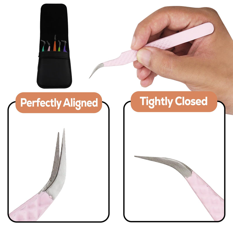 5-Piece Eyelash Extension Tweezers Set Precision Lash Tweezers with Anti-Slip Grip with fiber tip lash tweezers Tools for Lash Artists & eyelash tweezers for women (eyelash set multy) Eyelash Set Multy