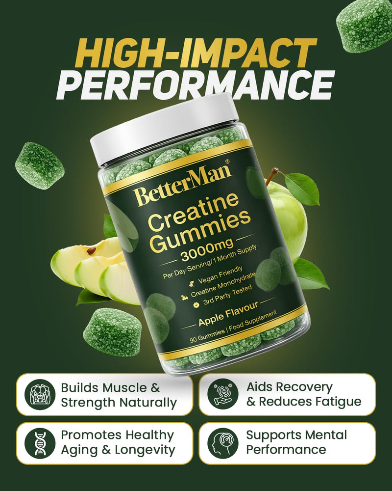 Premium Creatine Gummies 3000mg – High Strength 3rd Party Tested Creatine Monohydrate for Muscle Growth, Strength & Performance – Apple Flavour – 90 Gummies