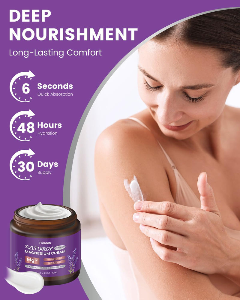 Magnesium Lotion for Sleep, Magnesium Cream(300mg/tsp) for Muscle Relief, Magnesium Butter for Deep Hydration with Lavender Oil, Shea Butter, Vitamins E & D3, Gentle for Kid