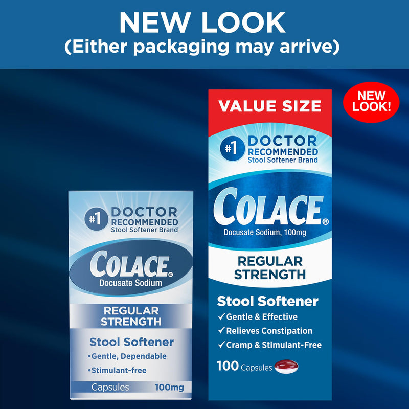 [Australia] - Colace Regular Strength Stool Softener 100 mg Capsules 100 Count Docusate Sodium Stimulant-Free for Gentle, Dependable Occasional Constipation Relief 100 Count (Pack of 1) 