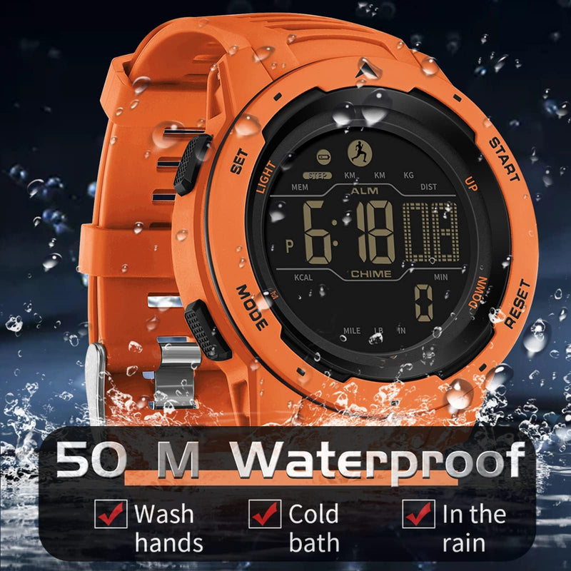 [Australia] - findtime Men's Digital Watch Waterproof Pedometer Watches Sport Watch Step Counter Calorie Military Watch with Stopwatch Alarm LED Backlight Countdown orange 