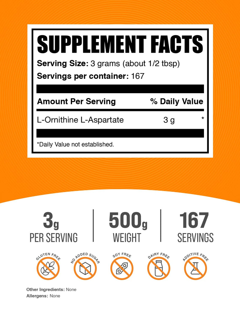 BulkSupplements.com L-Ornithine L-Aspartate Powder - Ornithine Supplement, Ornithine Powder - Amino Acid Supplement, Gluten Free, 3g per Serving, 500g (1.1 lbs) (Pack of 1) 167 Servings (Pack of 1)