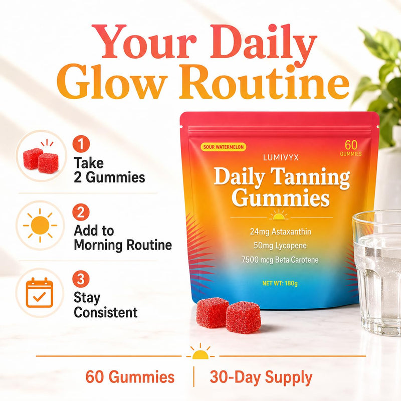 Lumivyx Tanning Gummies, Sun Tanning Gummies for Women and Men with Beta Carotene, Astaxanthin, Lycopene, Vitamin C, D3 and Zinc, Sour Watermelon Vegan Gummies, 60 Count