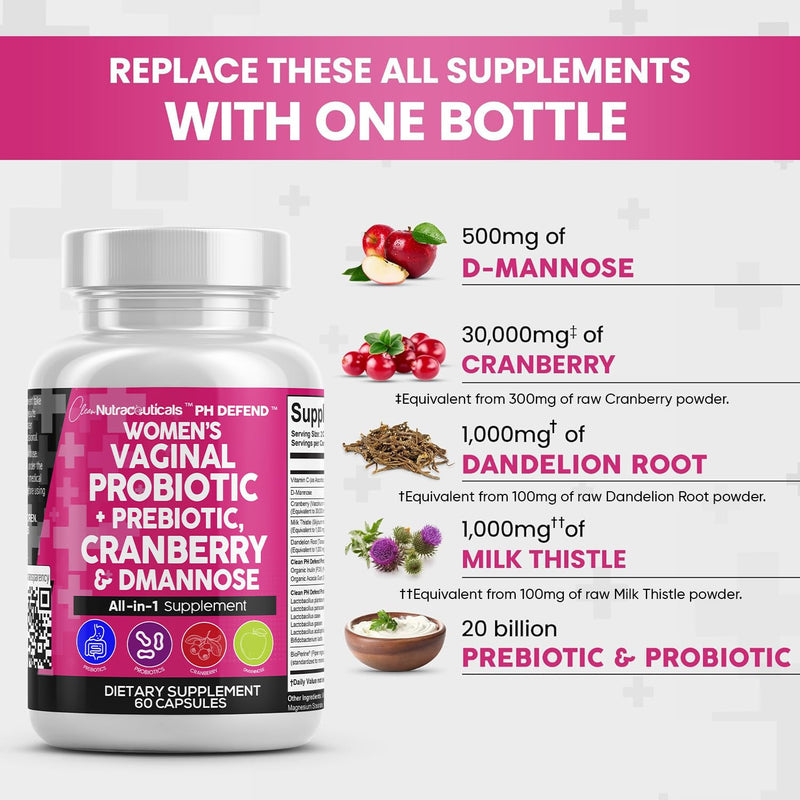 [Australia] - Vaginal Probiotics For Women + Prebiotics 20 Billion Cranberry Pills 30,000mg w/ D-Mannose 500 mg for Urinary Tract Health pH Balance - Womens Probiotic Vitamins for Vaginal Health Supplements Pills 