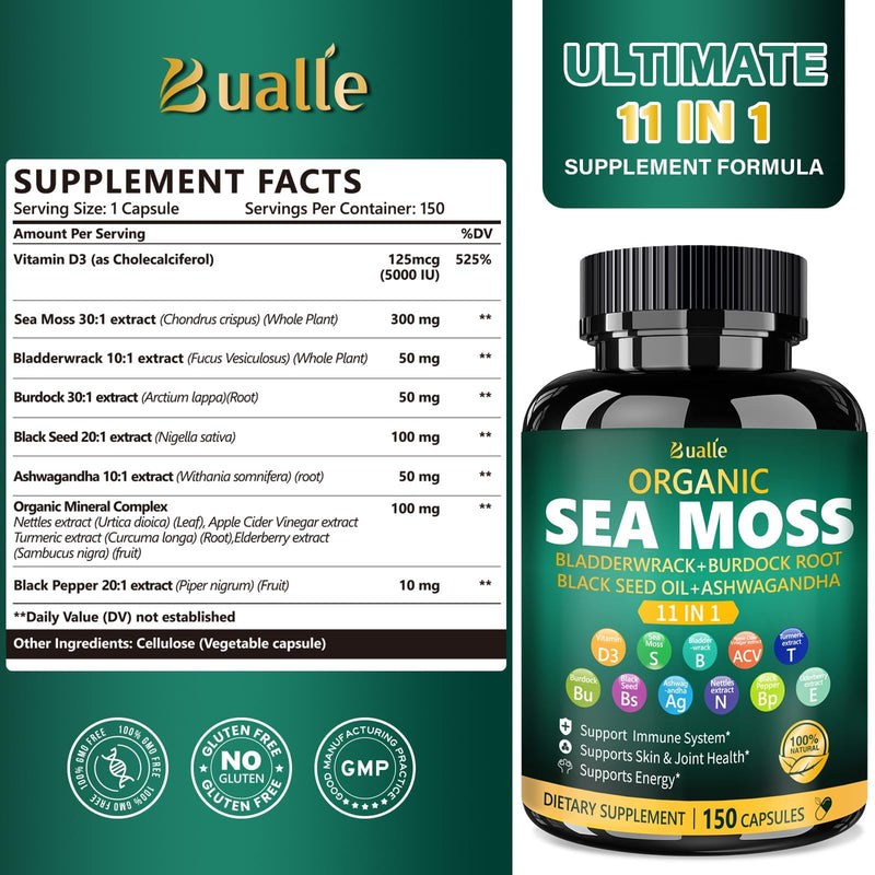 Sea Moss Capsules 11-in-1 for Energy Boost, Vegan | With Vitamin D3, ashwagandha, black seed, mineral complex, bladderwrack, and burdock root for daily wellness 150 Count