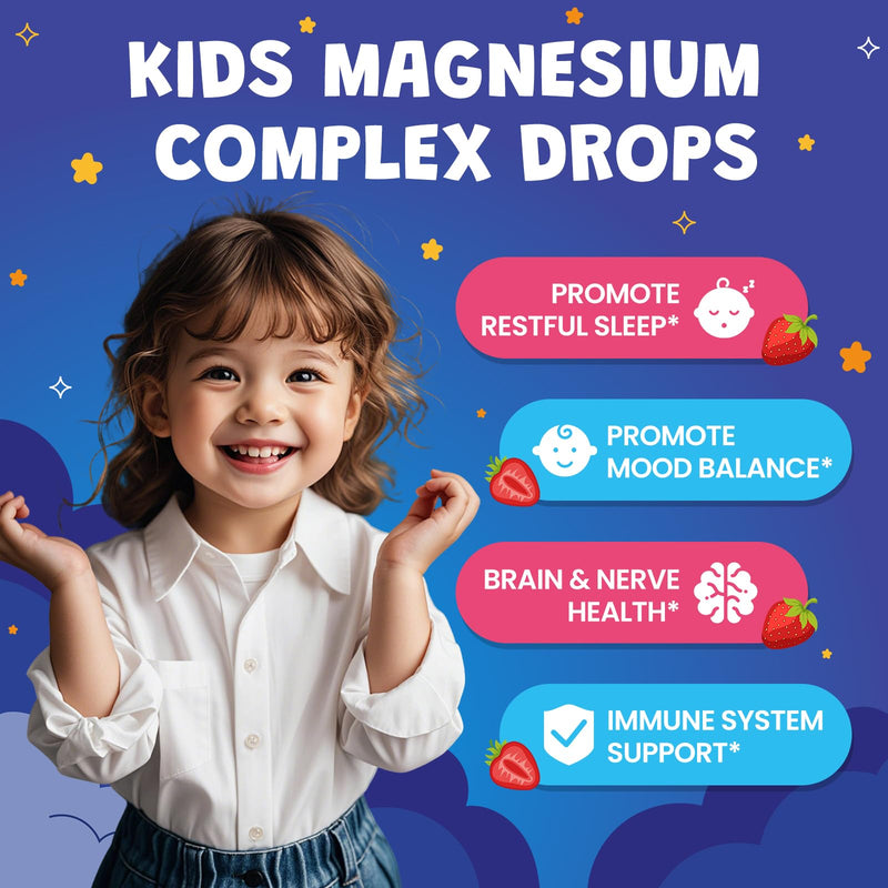 2 Pack Magnesium Glycinate Drops for Kids - Liquid Magnesium Drops with L-theanine, Chamomile & Vitamin B6 for Sleep, Relaxation, Calm & Focus, Strawberry Flavor, 4 Fl Oz 2 Fl Oz (Pack of 2)