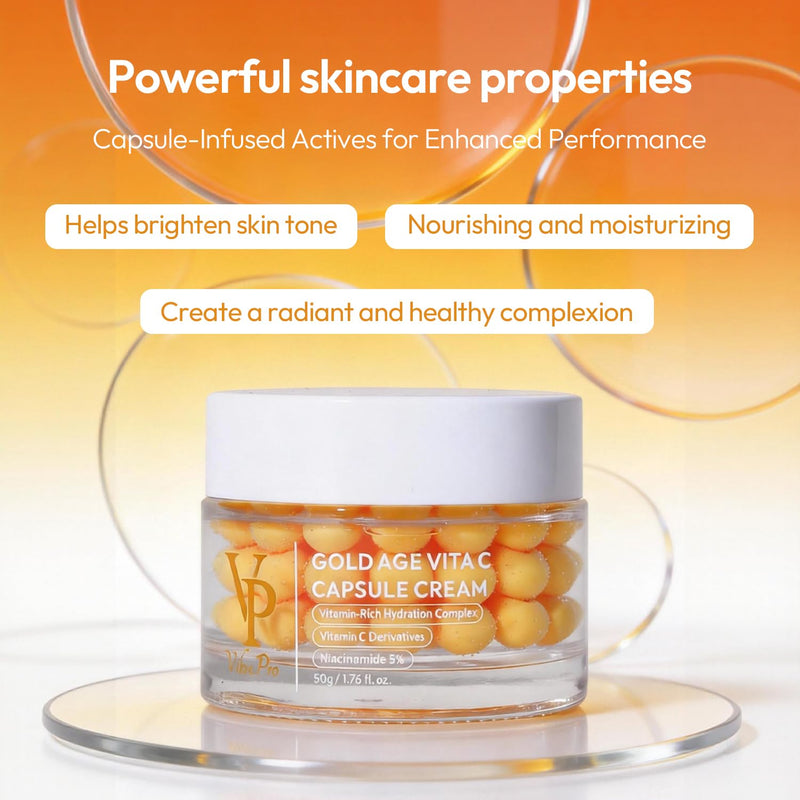 VP Gold Age Vita C Capsule Cream, Vitamin C & Niacinamide Face Moisturiser, Hydrating Glow Cream with Capsule Formula, Lightweight Daily Skincare, Korean Skincare, 50g Yellow 1 Unscented