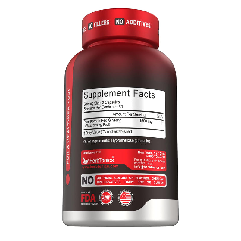 [Australia] - Herbtonics Korean Red Panax Ginseng 1500mg - High Potency Ginseng for Energy, Performance & Immune Support for Men & Women - Ginseng Root Extract Powder Supplement for Focus and Vitality -120 Capsules 120 Count (Pack of 1) 