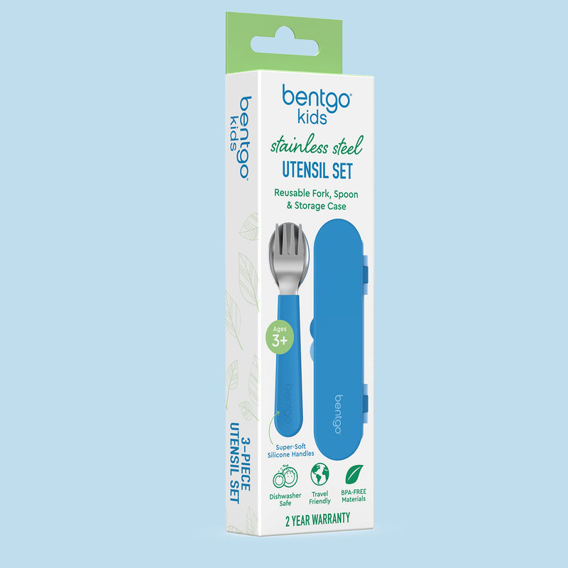 [Australia] - Bentgo® Kids Stainless Steel Utensil Set - Reusable Fork, Spoon & Storage Case - High-Grade BPA-Free Stainless Steel, Easy-Grip Handles, Dishwasher Safe for School Lunch, Travel & Outdoors (Blue) Blue 