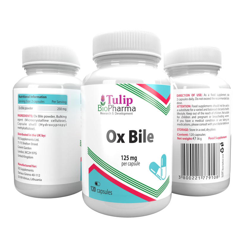 Ox Bile 125mg 120 Capsules, 3rd Party Lab Tested, High Strength Supplement, Gluten and GMO Free