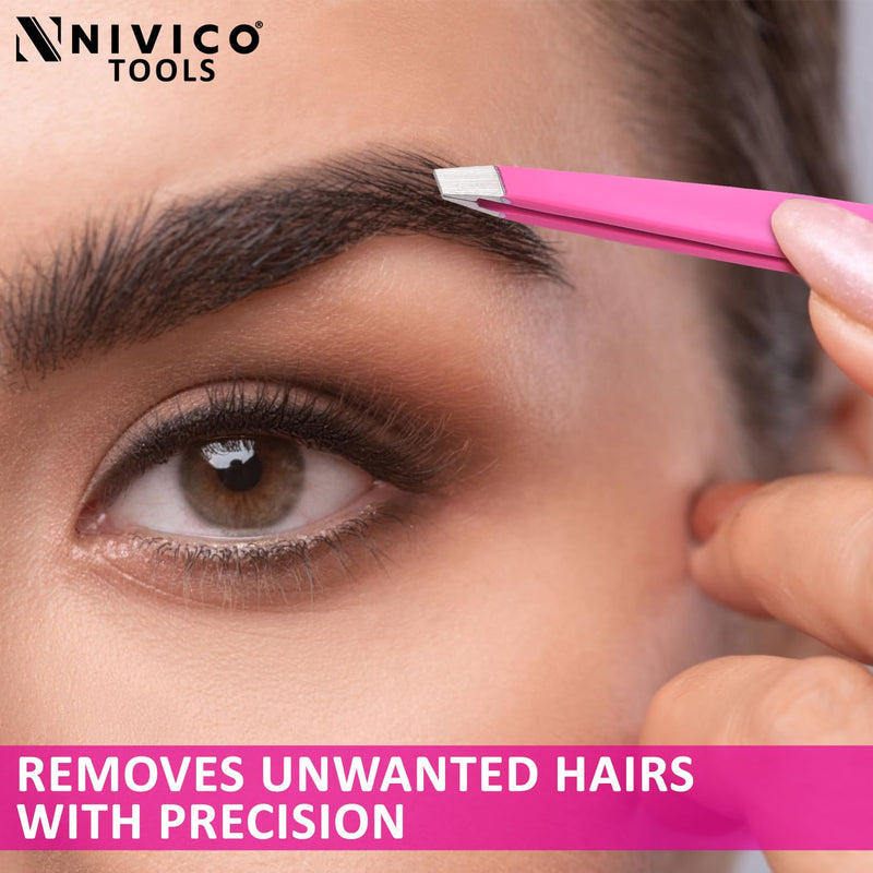 NIVICO Eyebrow Tweezer Hair Removal, Slant Stainless Steel 9.5cm Ingrown Facial Hair Tweezers for Men And Women (Pink Coated)