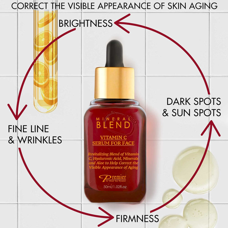 Premier Vitamin C Facial Serum with Hyaluronic Acid & Rose Hip 1.7 fl oz | Natural & Organic Anti Aging facial serum, Mineral Blend by Premier Dead Sea 1.7 Fl Oz (Pack of 1)