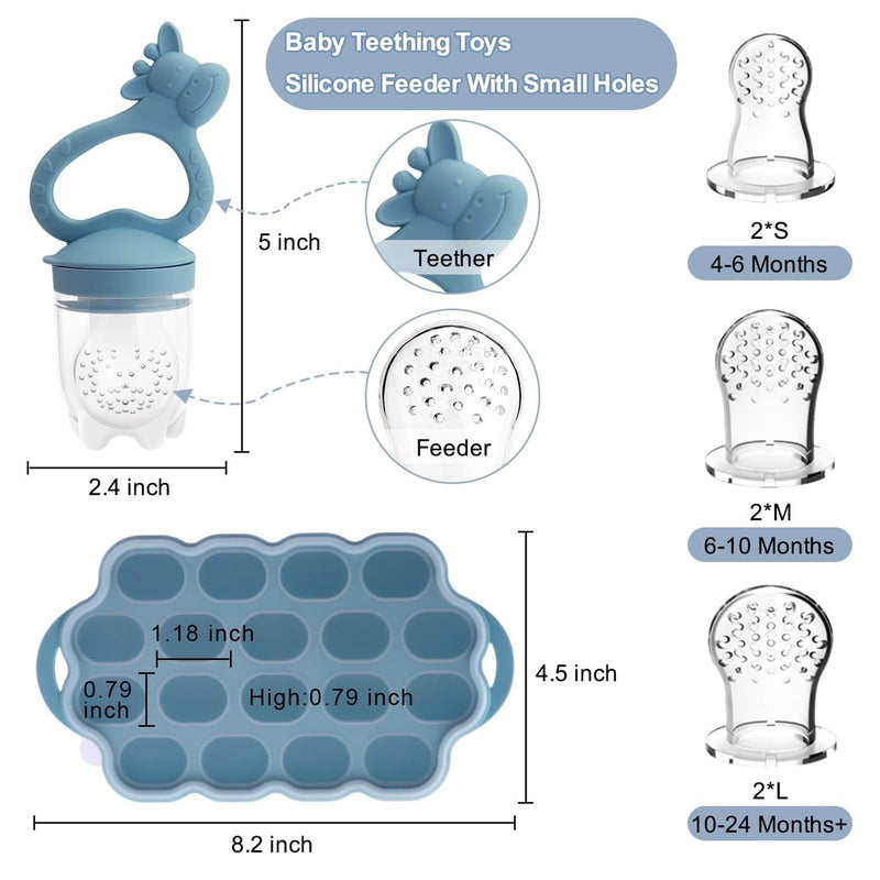 Baby Fruit Food Feeder Breastmilk Popsicle Molds for Teething Relief, Introduce New Foods, Silicone Freezer Tray with Lid, includes 6 Food Pacifiers (Blue & Cyan) Blue & Cyan