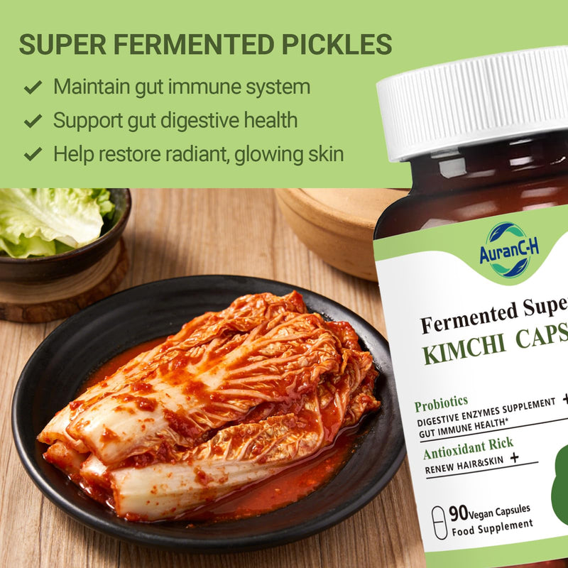 Daily Capsules of Premium Fermented Kimchi - Kimchi Powder 90 Vegan Capsules Natural Nutritional Supplement - Probiotics for Gut Health & Immune Support – Enhance Energy, Focus, Skin and Hair Health