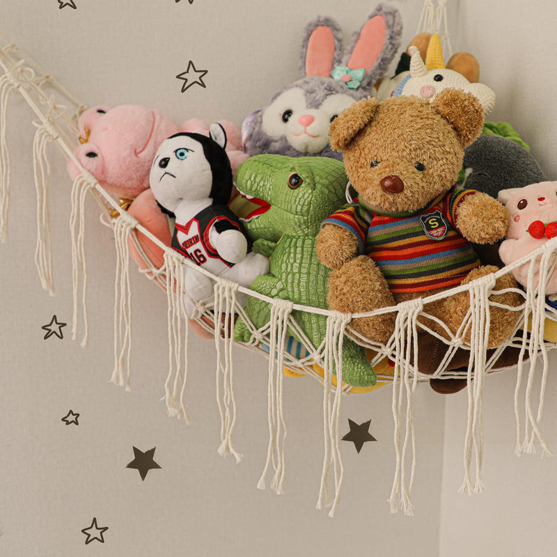 [Australia] - Boho Stuffed Animals Net or Hammock Large,55 inch Toy Hammock Macrame Stuff Animal Storage Corner Hanging Net Holder,Mesh Hammock Plush Toy Organizer with Hooks for Bedroom,Nursery (White) White 
