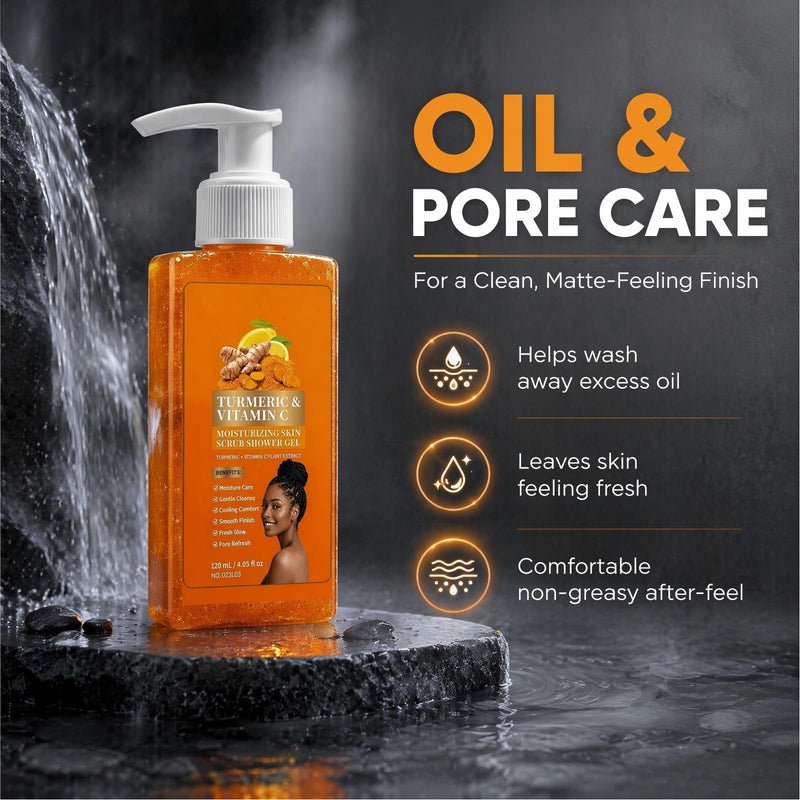 2pc Turmeric Vitamin C Orange Exfoliating Shower Gel with Cocoa Seed Scrub Particles, Mattifying Skin Brightening Body Wash to Fix Uneven Skin Texture, Gentle Daily Body Only Cleanser 2PC