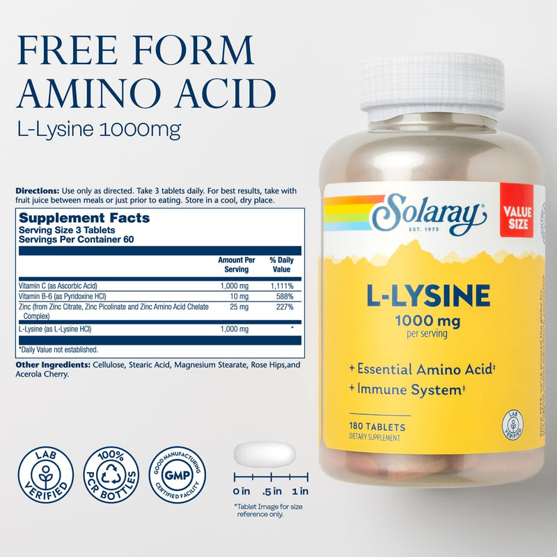 SOLARAY L-Lysine, Free-Form 1000 mg, Essential Amino Acid Immune Support Supplement with Vitamin C 1,000 mg and Zinc 25 mg, Value Size, Lab Verified, 60-Day Guarantee, 60 Servings, 180 Tablets 180ct