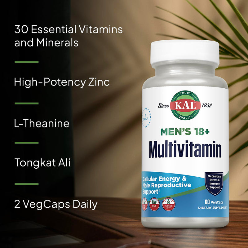KAL Men’s 18 Plus Multivitamin - 30 Essential Vitamins and Minerals - Vitamin D, Vitamin C, Zinc and More - Male Reproductive and Cellular Energy Support - Vegan, Non-GMO - 30 Servings, 60 VegCaps