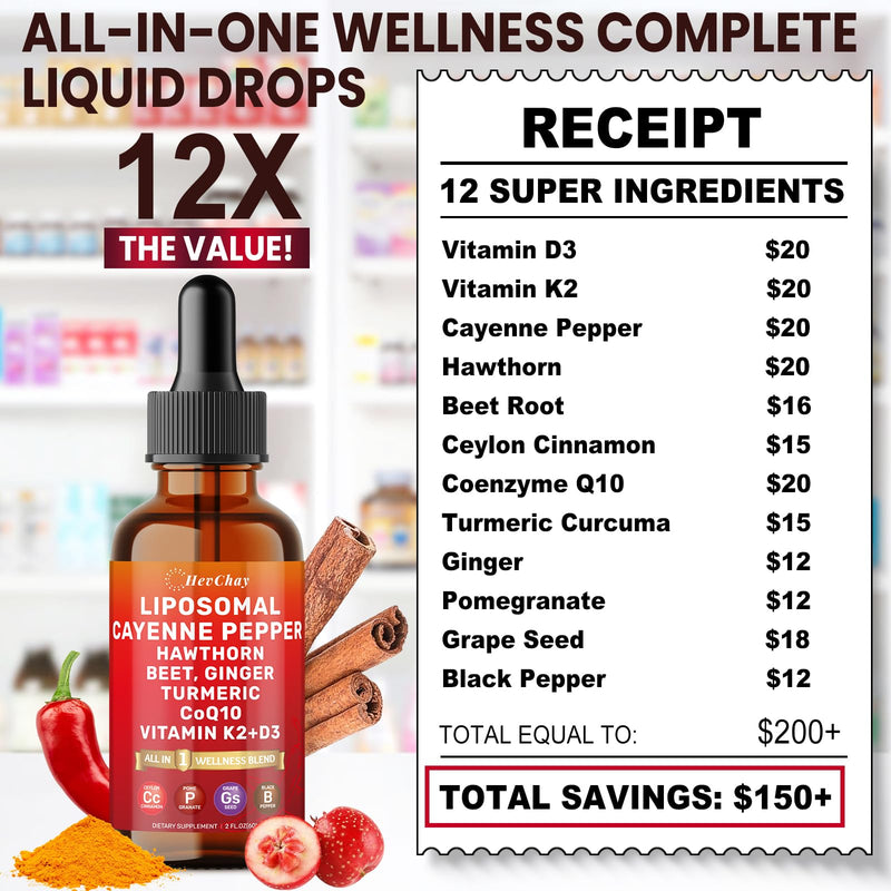 [Australia] - Cayenne Pepper Drops Liposomal Supplement Liquid + Hawthorn Berry, Vitamin D3 K2 Beet Root Powder, Ceylon Cinnamon, CoQ10, Turmeric Curcumin, Cayenne Pepper Extract - 2oz 2 Fl Oz (Pack of 1) 