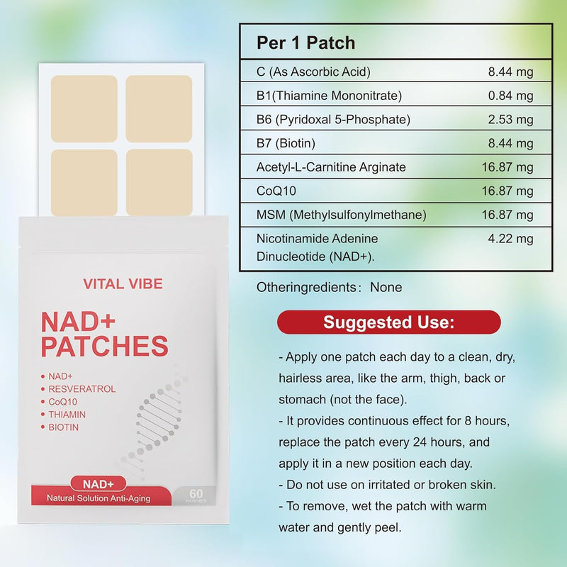 NAD+ Patches - with NMN, Resveratrol & CoQ10 for Cellular Energy & Anti-Aging Support - Plant-Based, Sustained Release Formula, 100% Natural - 60 Transdermal Patches - NAD+ Supplement