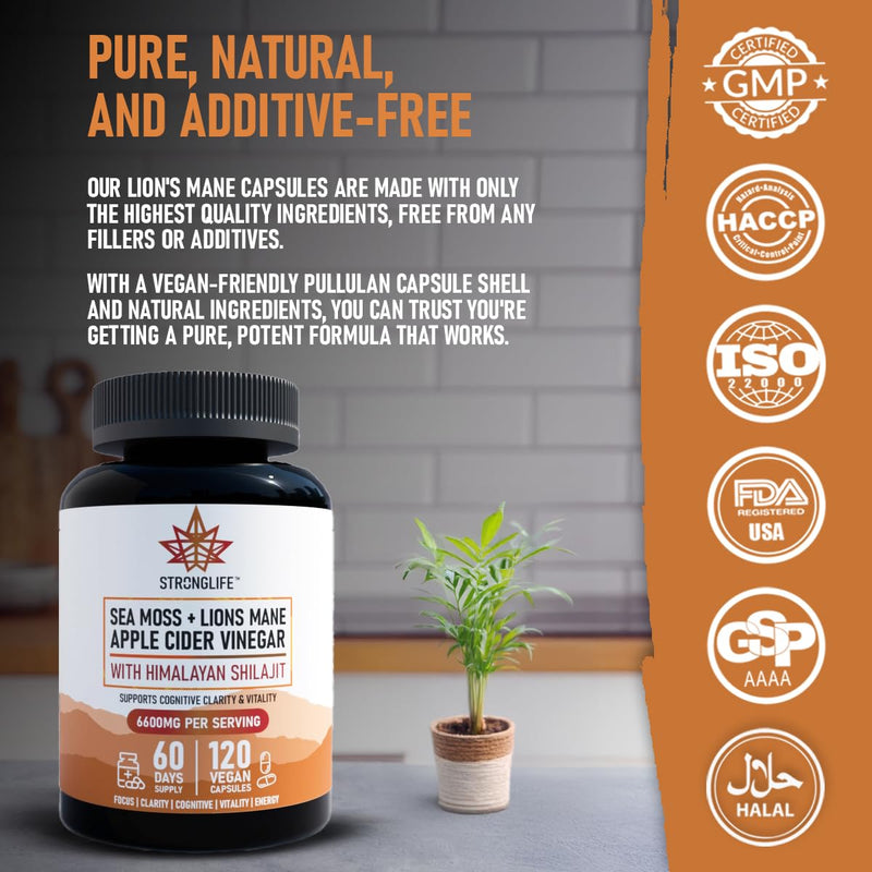 Lions Mane & Sea Moss & Apple Cider Vinegar Capsules - Brain, Gut & Immune Support - Brain Food for Brain Fog - 120 Capsules - 60 Day Supply