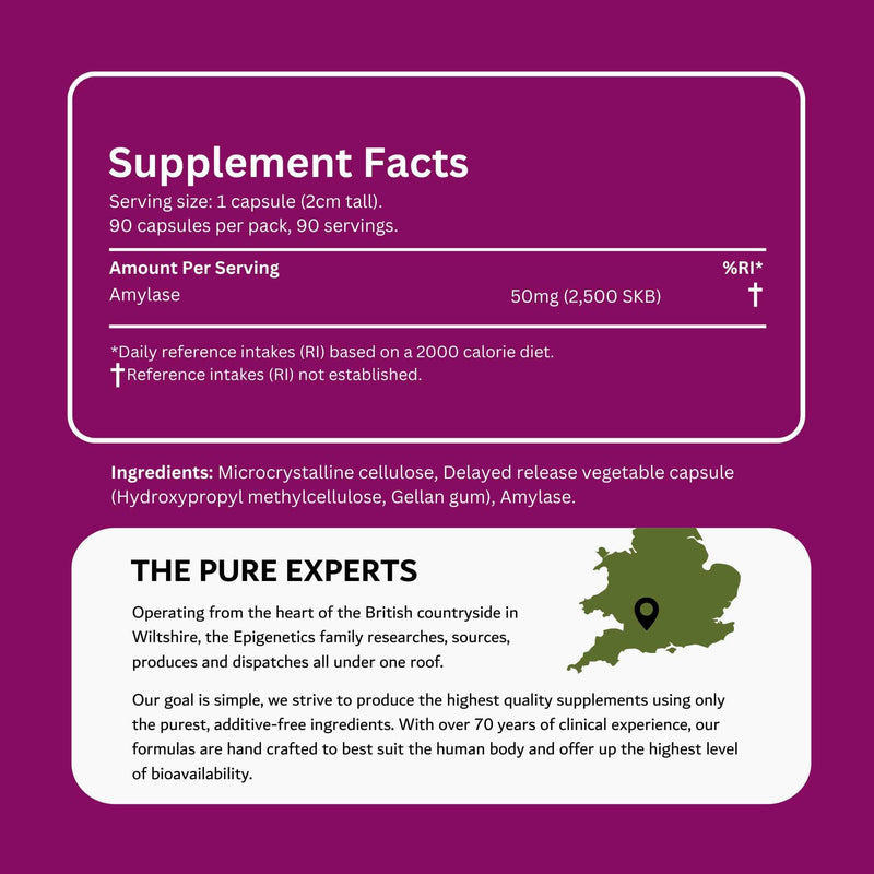 Amylase Delayed Release (DR) 50mg of Digestive Support Enzymes | 90 Vegan Friendly Capsules UK Made | Long 3 Month Supply by Epigenetics Supplements 90 count (Pack of 1)