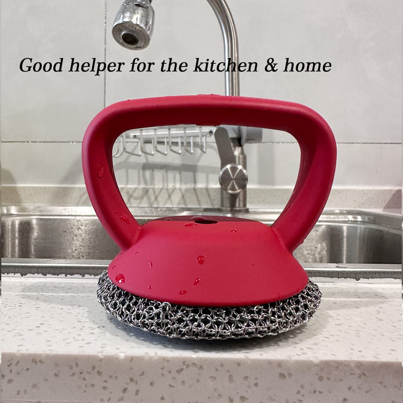 [Australia] - Cast Iron Scrubber, Cast Iron Skillet Cleaner+2 Pan Grill Scrapers Chain Mail to Clean Cast Iron Chain Mail Scrubber Cast Iron Chainmail Scrubber for Cast Iron Skillet (Red) Red 