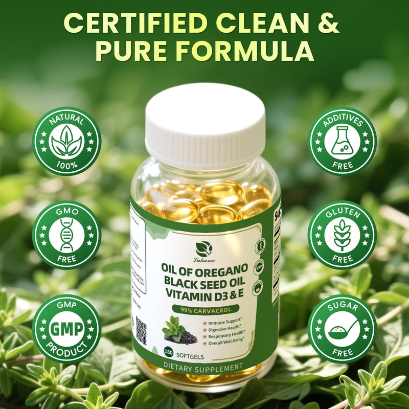 [Australia] - Oregano Oil Capsules Organic, 5-IN-1 with Black Seed Oil, Vitamins D3 & E, Black Pepper for Enhanced Absorption, 99% Carvacrol ‚Äì Immune, Respiratory & Digestive*‚Äì180 Caps, 3 Months Supply, Non-GMO 180 Count (Pack of 1) 