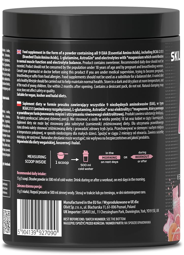 Skill Nutrition EAA + Electrolytes - Pink Lemonade Flavour | 6.5 g EAA per Serving | BCAA 2:1:1, 1000 mg L-Glutamine, Electrolytes & AstraGin® | Powder Supplement | 450 g