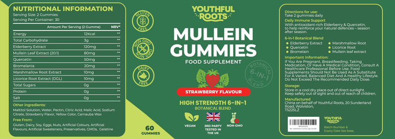 Mullein Lung Support 60 Gummies. 6 in 1 Botanical Blend with Elderberry, Marshmallow Root & Licorice Root Extract, Quercetin and Bromelain Strawberry 1 Pack - 60 Gummies