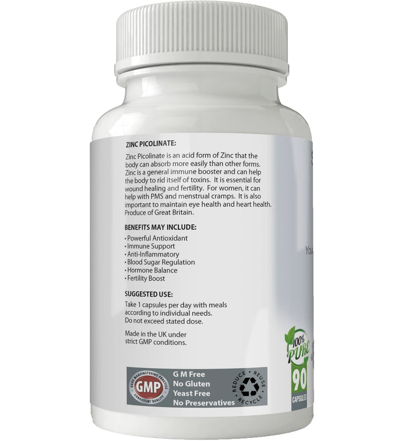 Zinc Picolinate with Copper | Easily Absorbed Bioavailable Form of Zinc | Immune Support | 30mg Capsules x 90 | Gluten Free | GM Free | Vegan