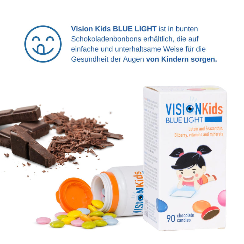 [Australia] - VISION Kids BLUE LIGHT - Protection against blue light from tablets, PCs and smartphones - Zinc, vitamins C and E - Lutein and zeaxanthin - For children - 90 chocolate flavored candies 