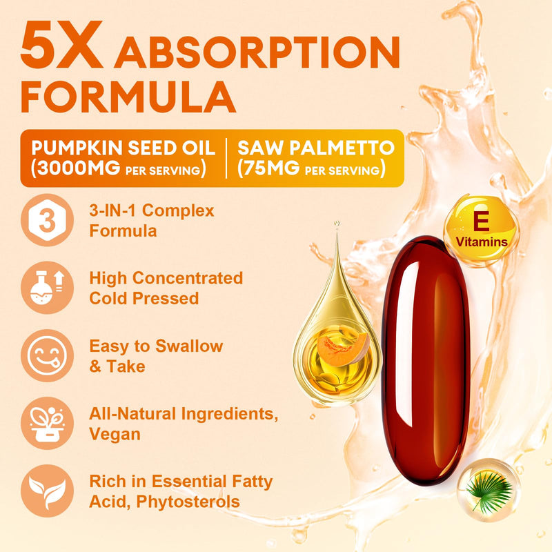 [Australia] - Pumpkin Seed Oil with Saw Palmetto Capsules, High Concentrated Pumpkin Seeds Oil Supplement, Cold Pressed, Supports Hair, Urinary, Bladder & Prostate Health, Vegan, Non-GMO, 180 Softgels 
