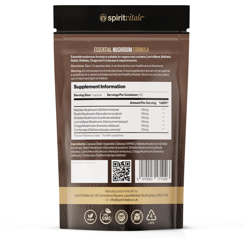Essential Mushroom Formula | Focus, Cognitive Support, Immunity, Rest | Lion's Mane, Maitake, Reishi, Shiitake, Chaga & Cordyceps Blend | UK Certified Complex | NO Nasties | Vegan | SPIRIT VITALE