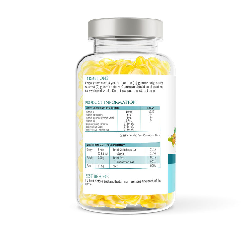 Probiotic Gummies for Kids & Adults - 150 x Natural Pineapple Flavoured Gummy Vitamins with Active Bacteria, Vitamin B3, B5, B6 & C - Immune System, Energy & Gut Health Support