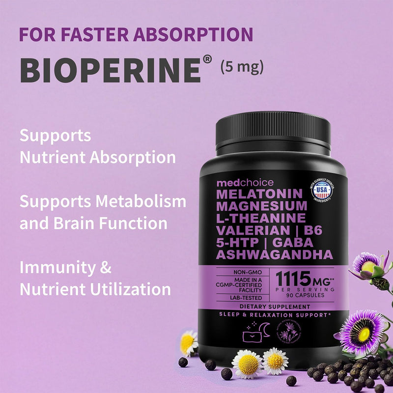 MEDCHOICE 12-in-1 Melatonin 5mg Sleep Capsules with Magnesium, 90ct | Nighttime Relaxation Support, Melatonin 5mg with Magnesium Glycinate, Ashwagandha and GABA, Sleep Supplement 90 Count (Pack of 1)