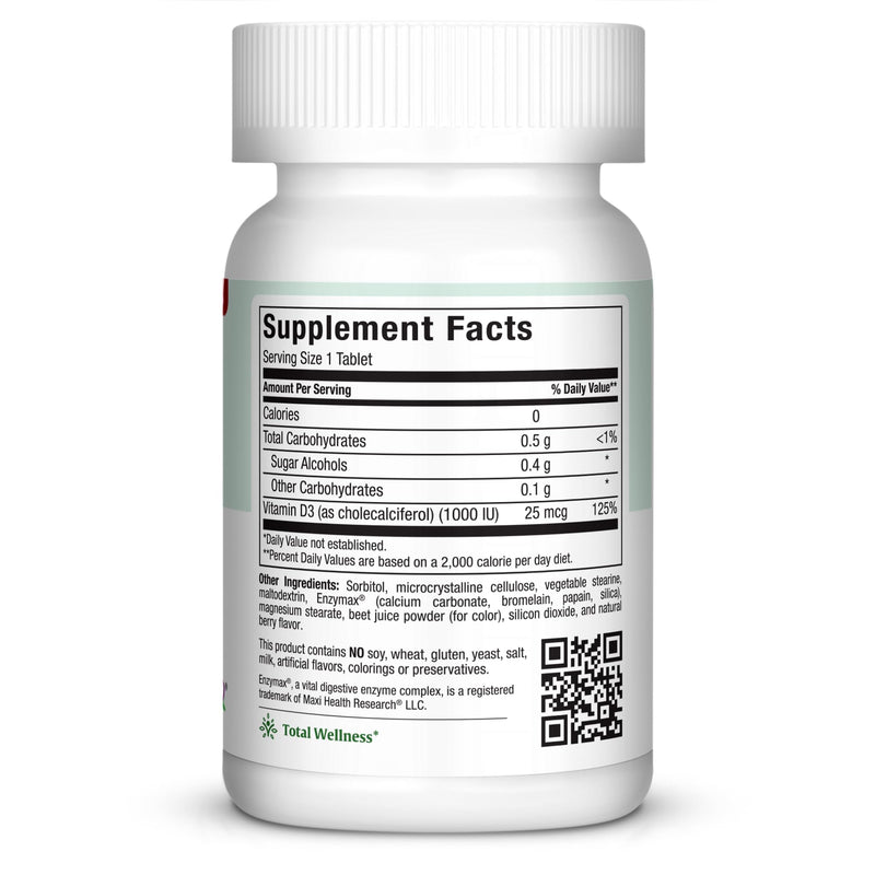Maxi Health® Vitamin D3 1,000 IU Supplement (100 Chewables) | Kosher | Vitamin D Chewable, Berry Flavor | Calcium Absorption, Bone, Teeth & Muscle Support | Doctor Formulated